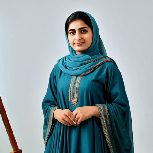 Home 17 **Prompt:** A professional female artist in modest Pakistani dress, receiving a government grant in a well-lit studio, fully clothed, appropriate content, safe for work, perfect anatomy, natural proportions, professional photograph, high quality. The studio includes easels, canvases, and traditional Pakistani art. Focus on the artist's hopeful expression.