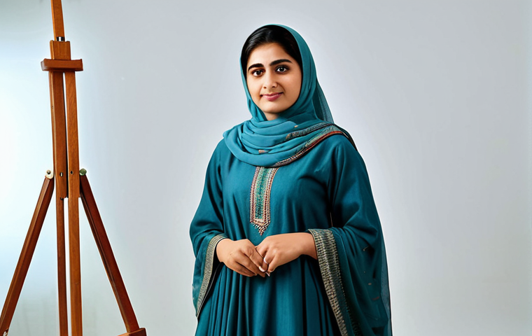 **Prompt:** A professional female artist in modest Pakistani dress, receiving a government grant in a well-lit studio, fully clothed, appropriate content, safe for work, perfect anatomy, natural proportions, professional photograph, high quality. The studio includes easels, canvases, and traditional Pakistani art. Focus on the artist's hopeful expression.