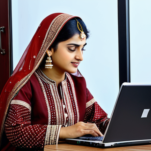 Home 16 문화예술과 데이터 경제 - **Prompt:** A Pakistani businesswoman in a traditional Shalwar Kameez, working on a laptop in a mode...